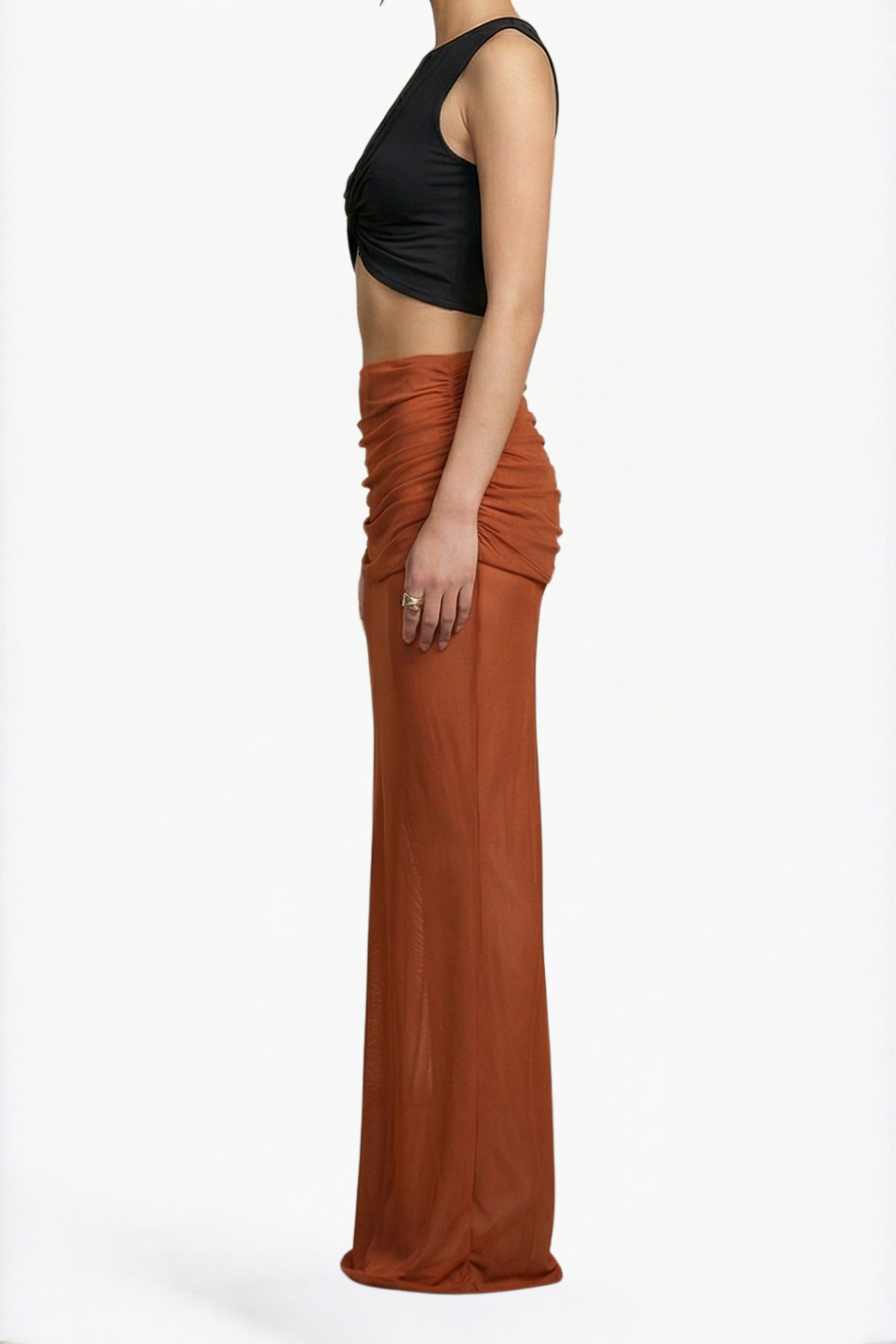 Rust Ruched Maxi Skirt
