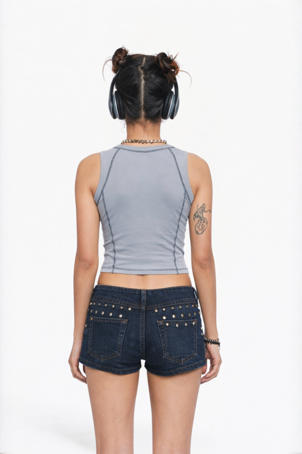 Blue Washed Studded Denim Shorts