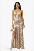 Brown Leopard Mixed Print High Slit Maxi Dress
