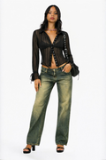 Black Striped Sheer Button-Up Shirt Blouse