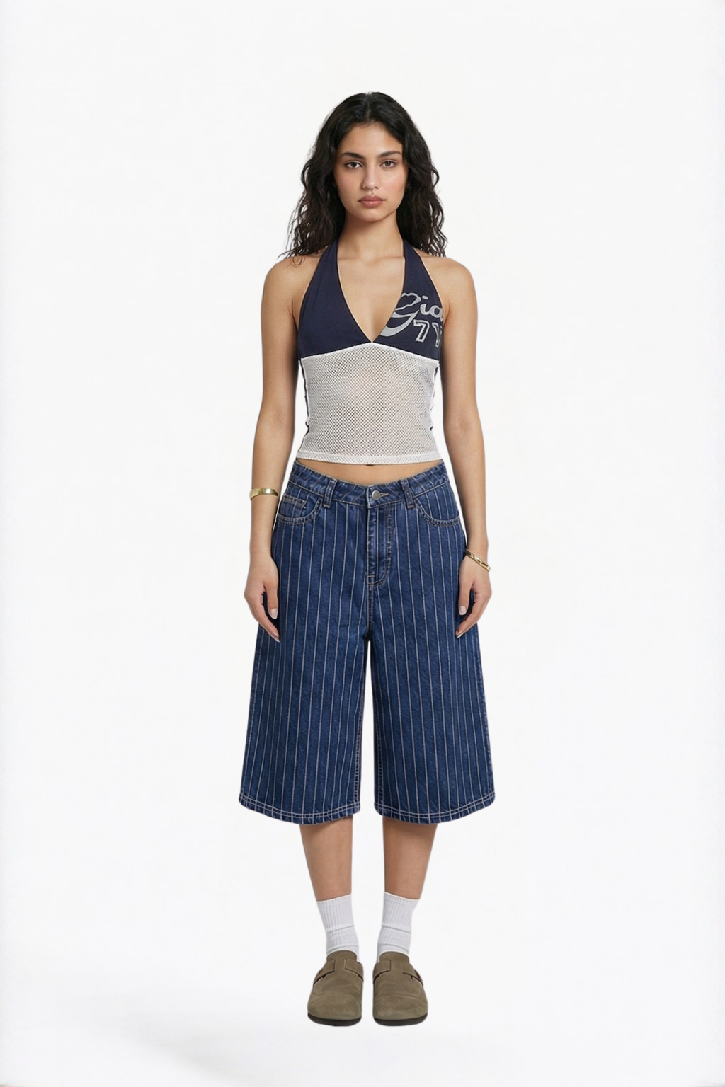 Blue Denim Striped Bermuda Shorts