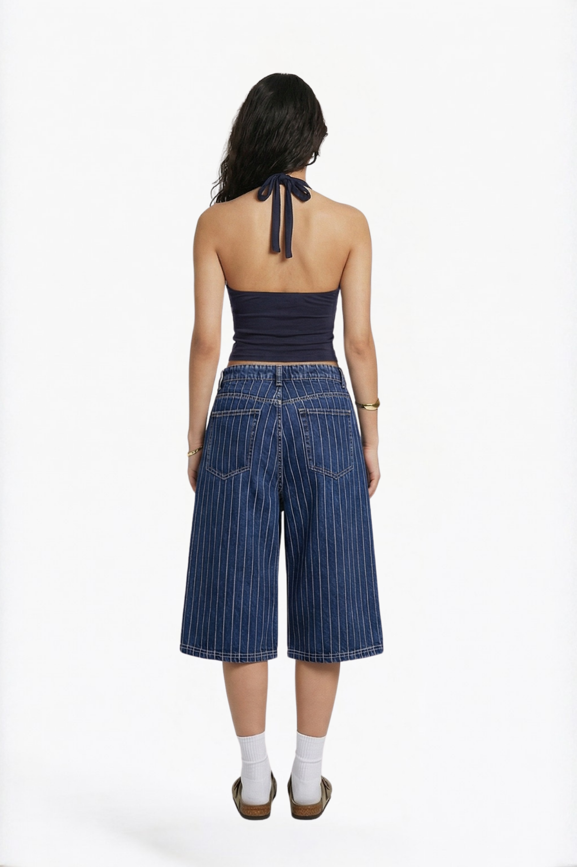 Blue Denim Striped Bermuda Shorts