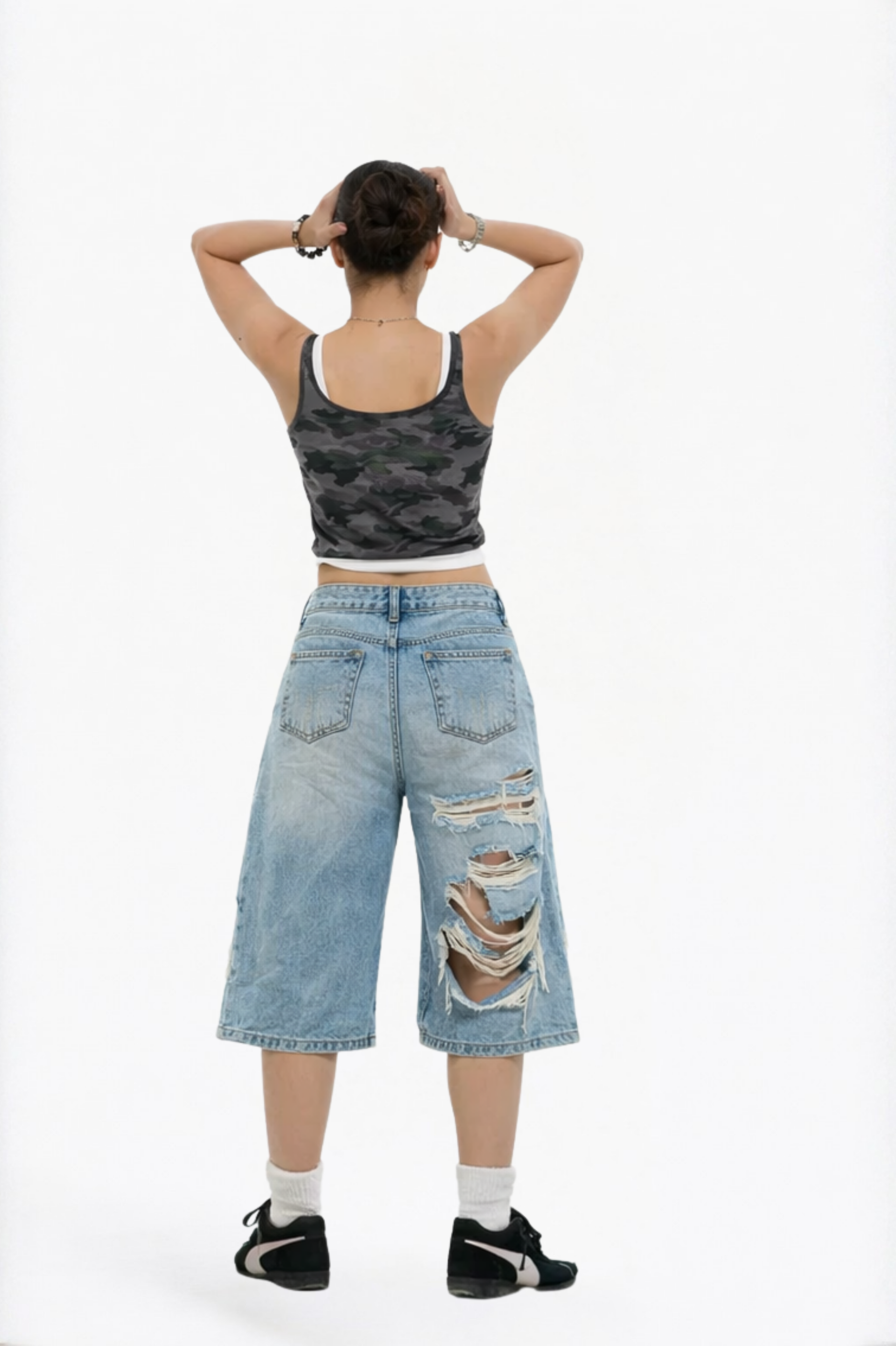 Light Wash Distressed Denim Bermuda Shorts