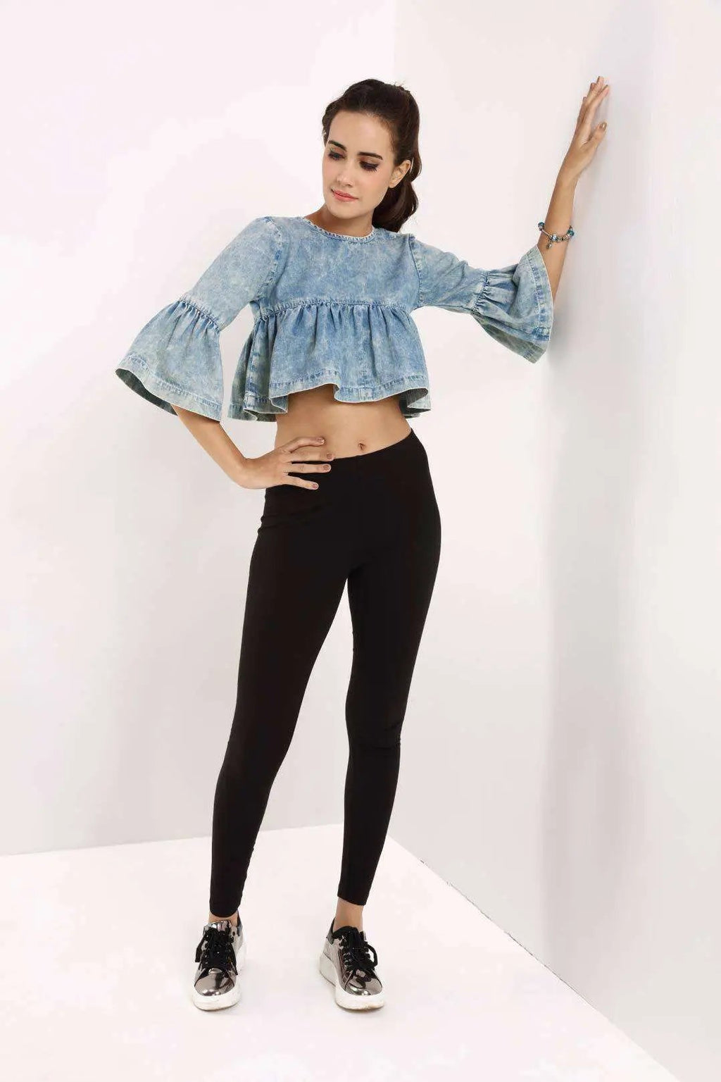Green-Blue Denim Gathered Crop Top