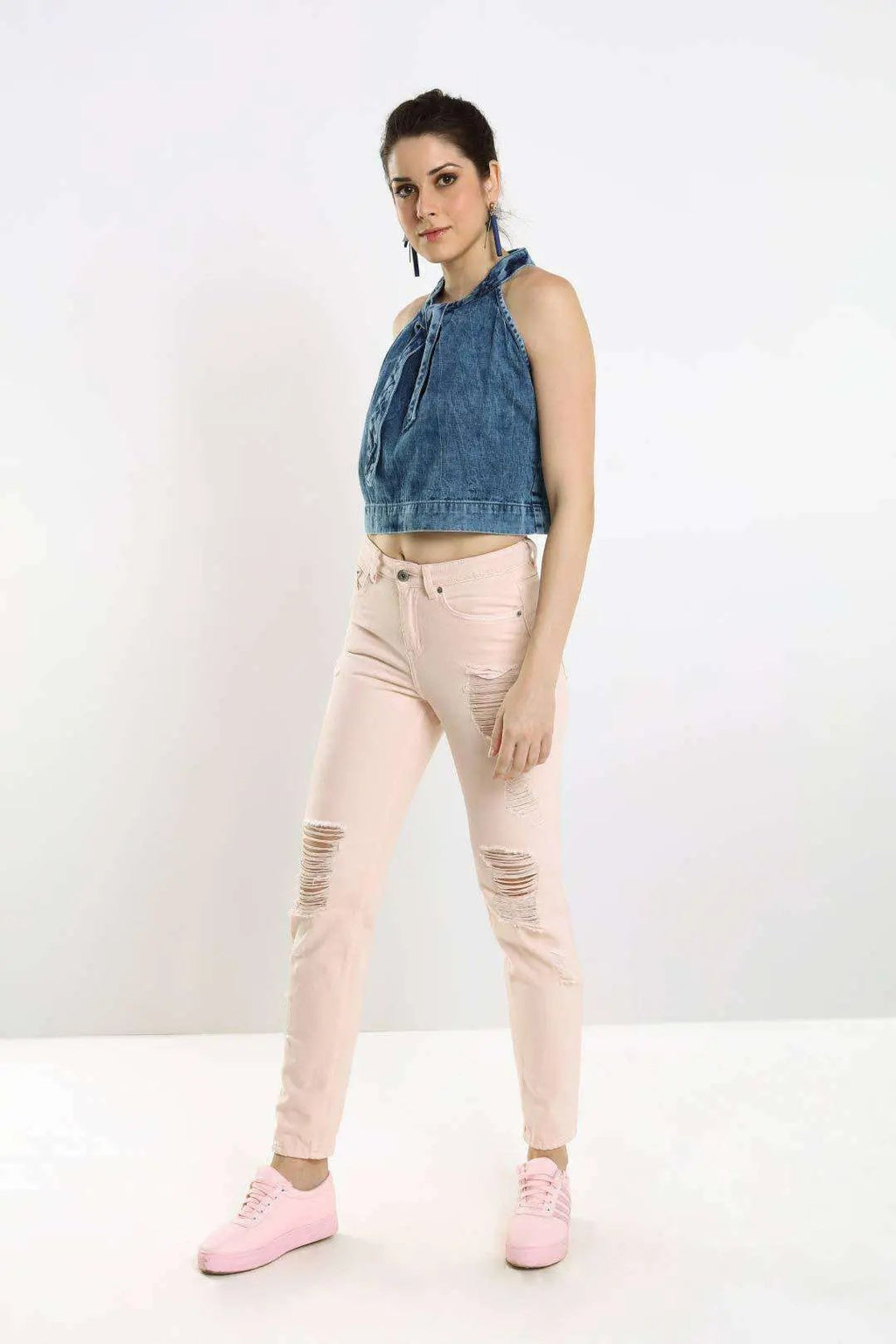 Mid Blue Denim Collar Tie-Knot Crop Top