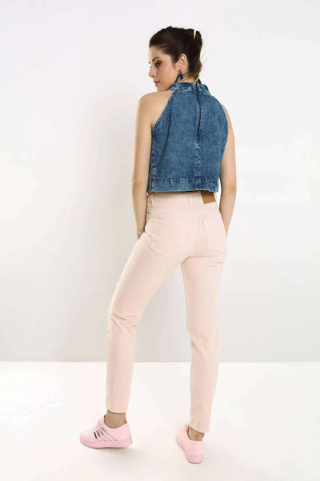 Mid Blue Denim Collar Tie-Knot Crop Top