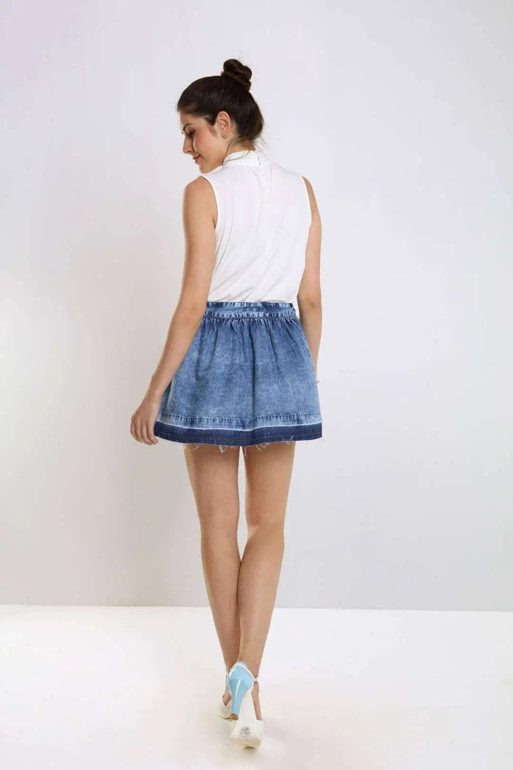 Light Blue Open Hem Denim Gathered Skirt
