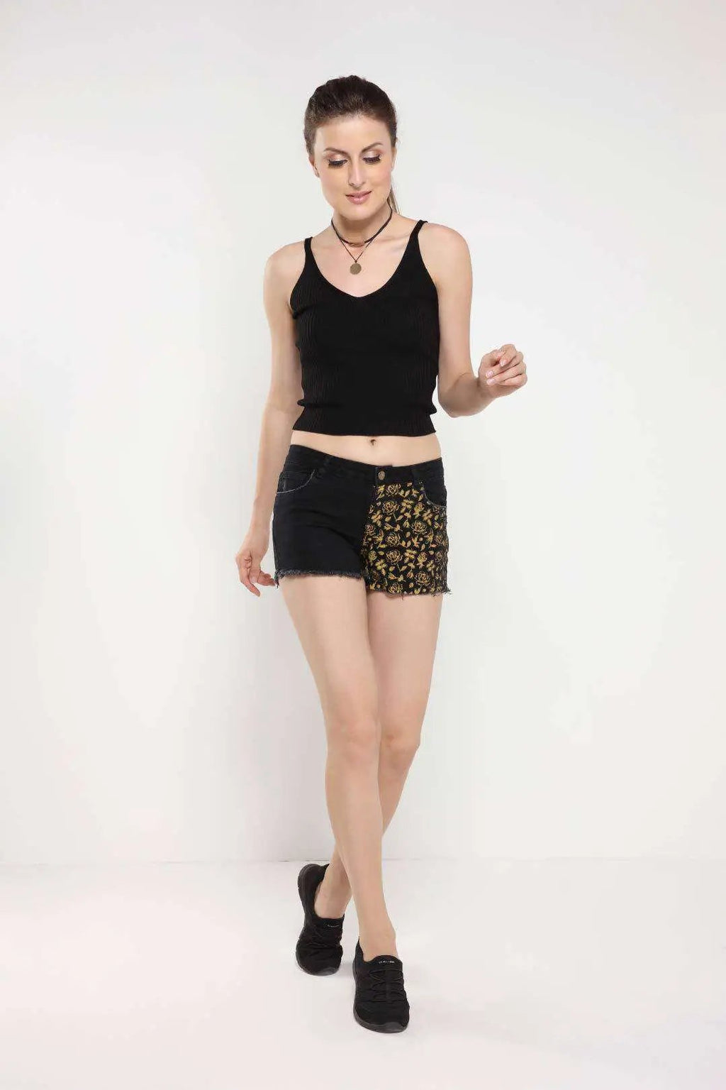 Black Mid Rise Floral Printed Denim Shorts