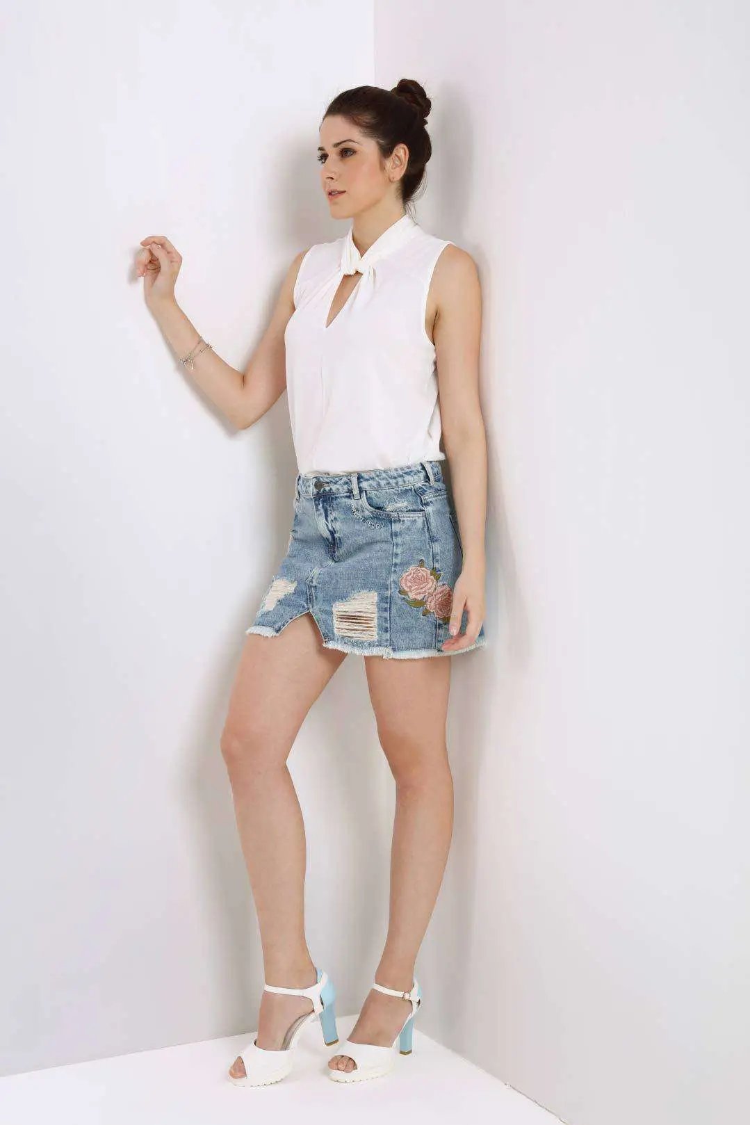 Light Blue Embroidered Denim Distressed Skirt