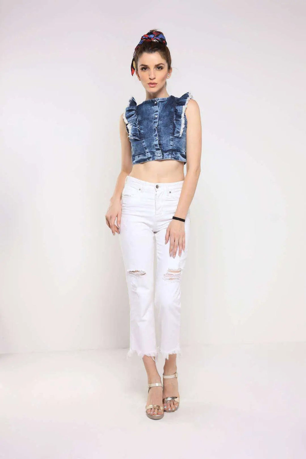 Dark Blue Sleeveless Frilled Denim Crop Top