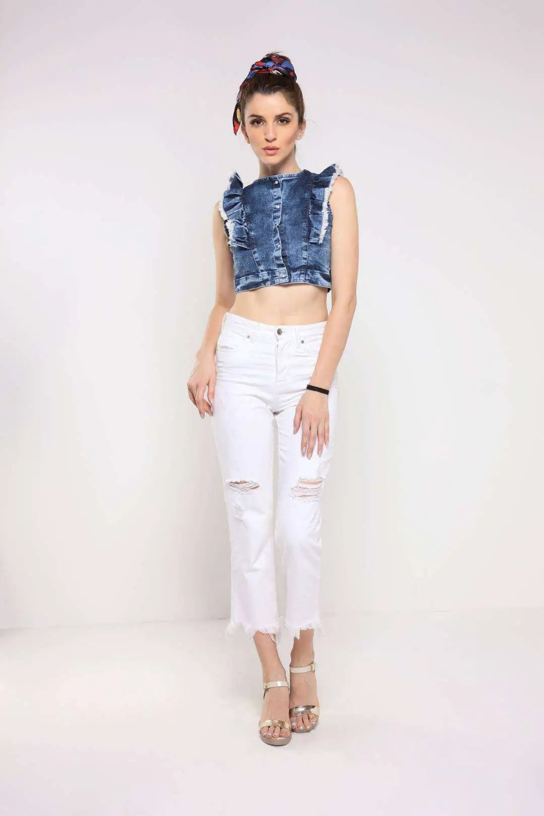 Dark Blue Sleeveless Frilled Denim Crop Top