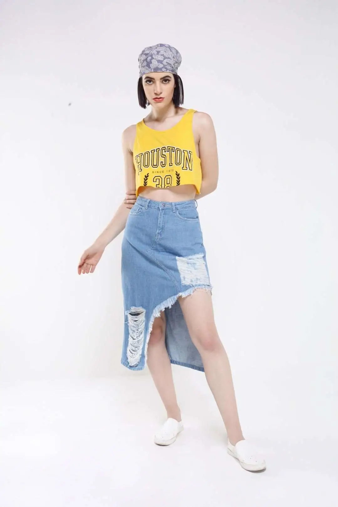 Light Blue Denim Distressed Skirt