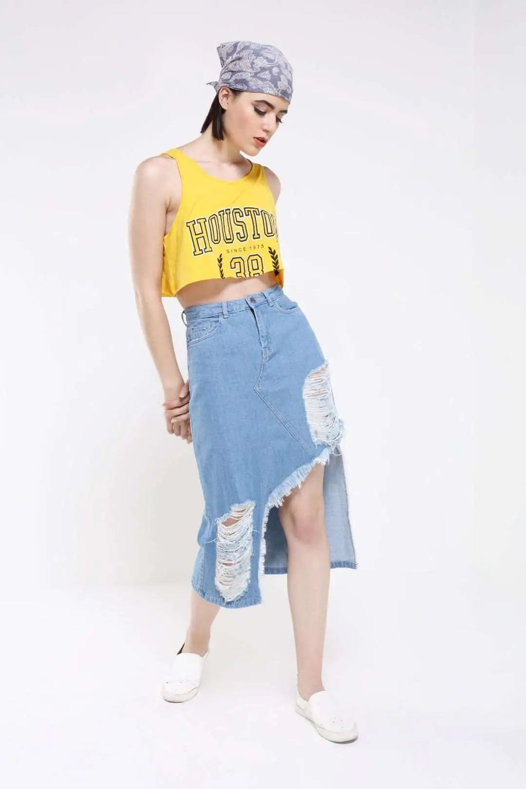 Light Blue Denim Distressed Skirt