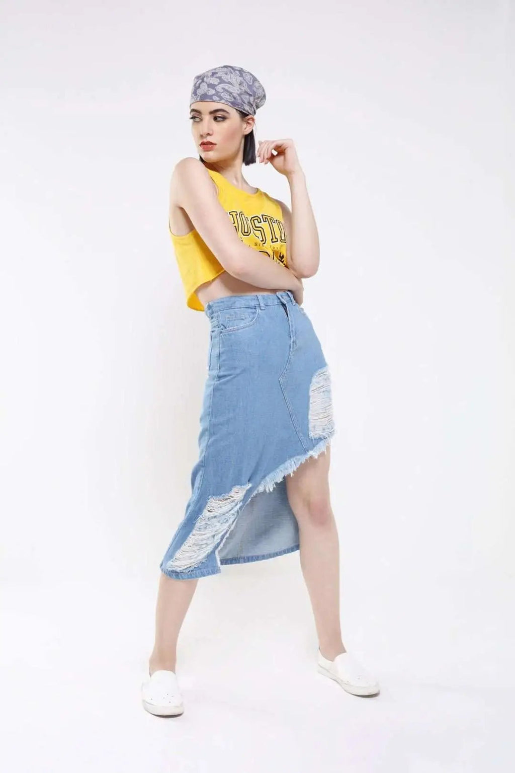 Light Blue Denim Distressed Skirt