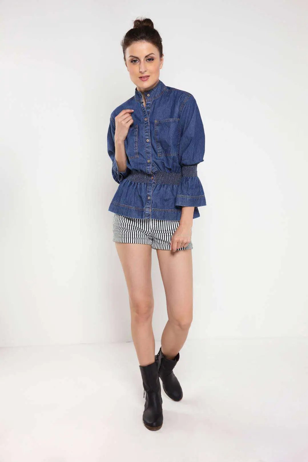 Mid Blue Bell Sleeve Elasticated Waistband Denim Tunic