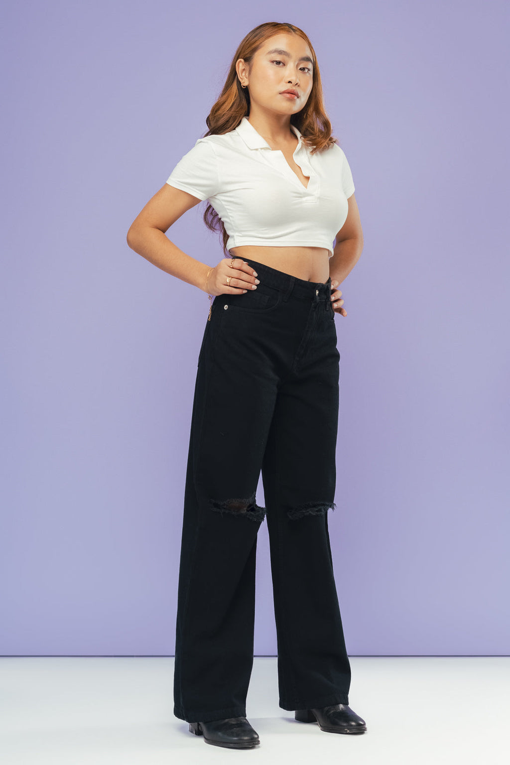 Black Distressed Women's Wide Jeans