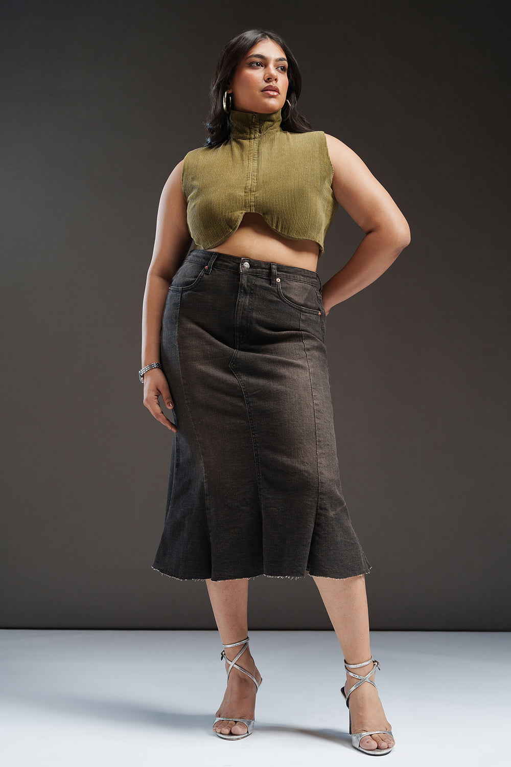 Uptown Black Curve Denim Midi Skirt