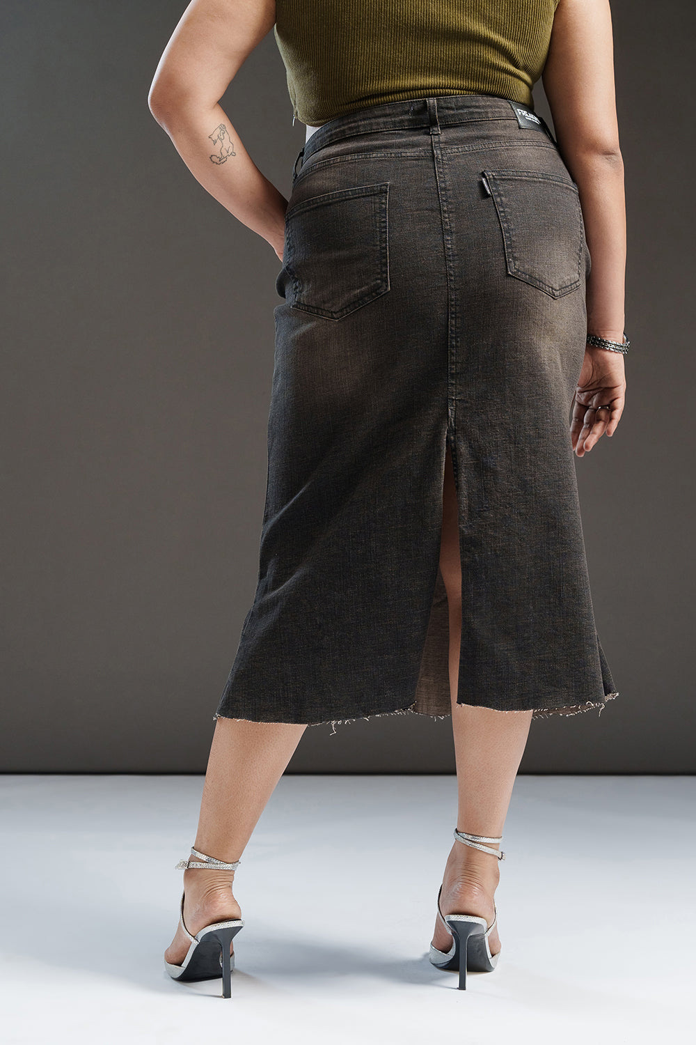 Uptown Black Curve Denim Midi Skirt