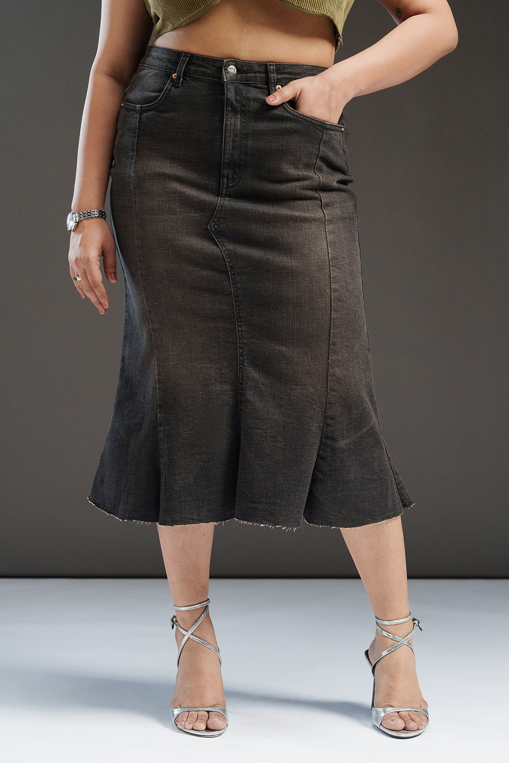 Uptown Black Curve Denim Midi Skirt