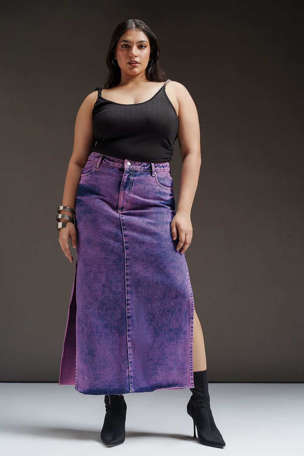 Purple Glam Curve Denim Side Slit Maxi Skirt
