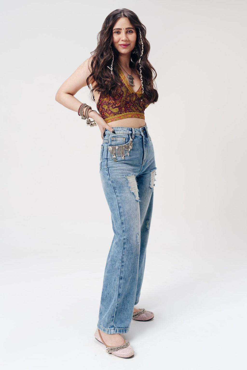 Blue Pataka Distressed Wide Jeans