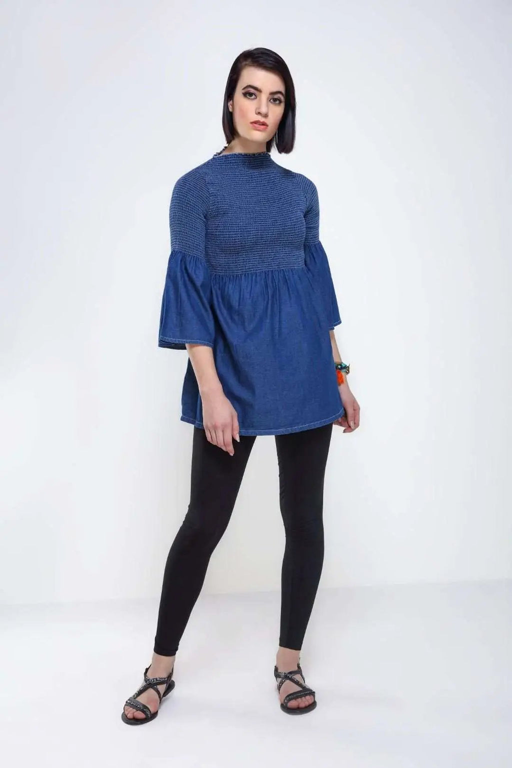 Dark Blue Denim Flared Top