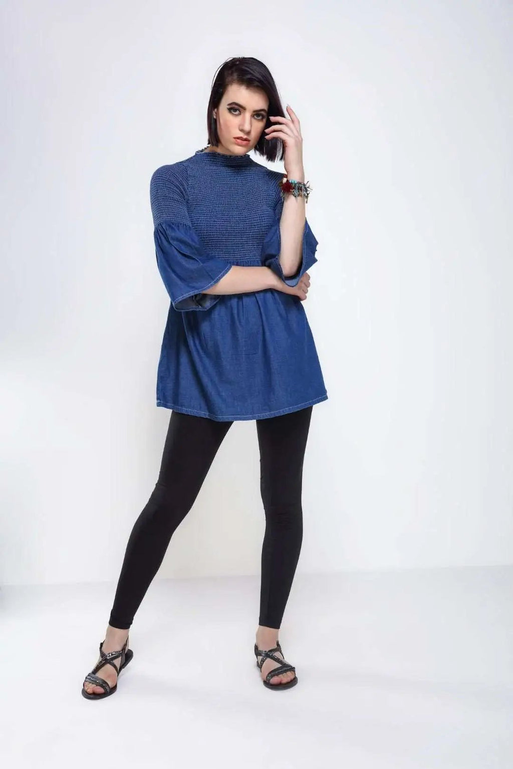 Dark Blue Denim Flared Top