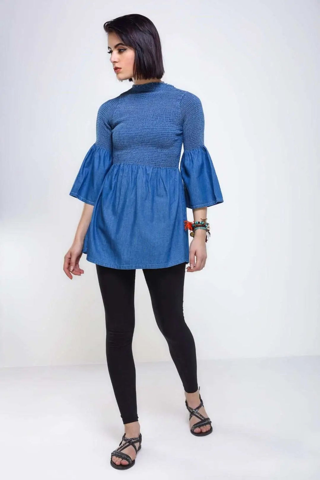 Mid Blue Denim Flared Top