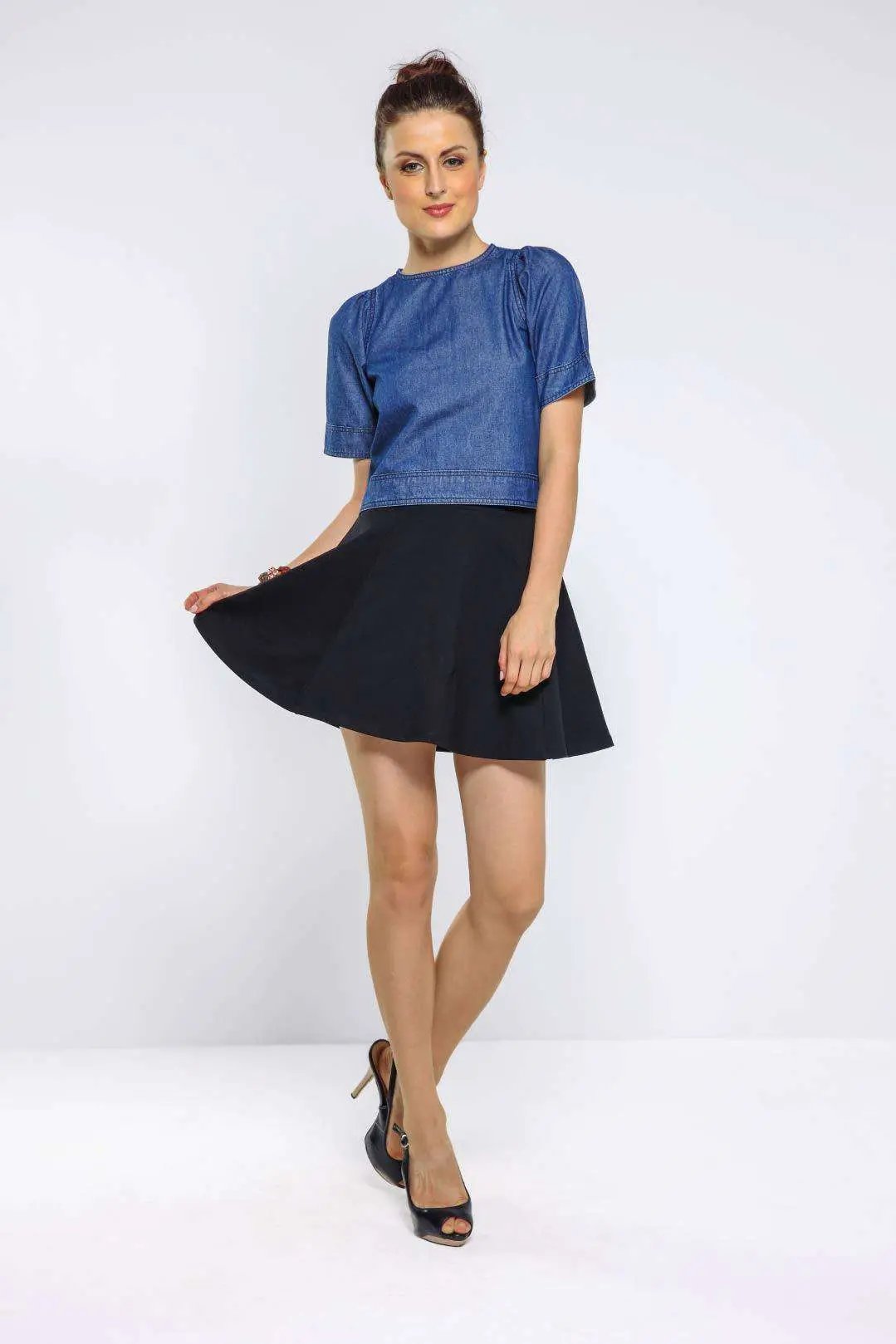 Dark Blue Puffed Sleeve Denim Crop Top
