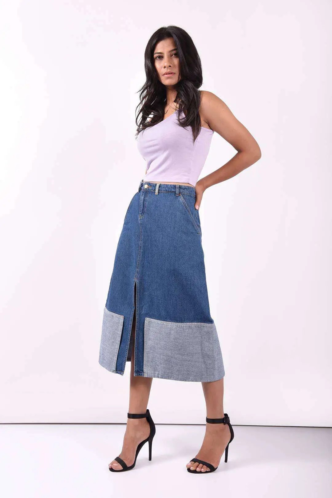 Stm Reverse Paneled Denim Full Length Skirt