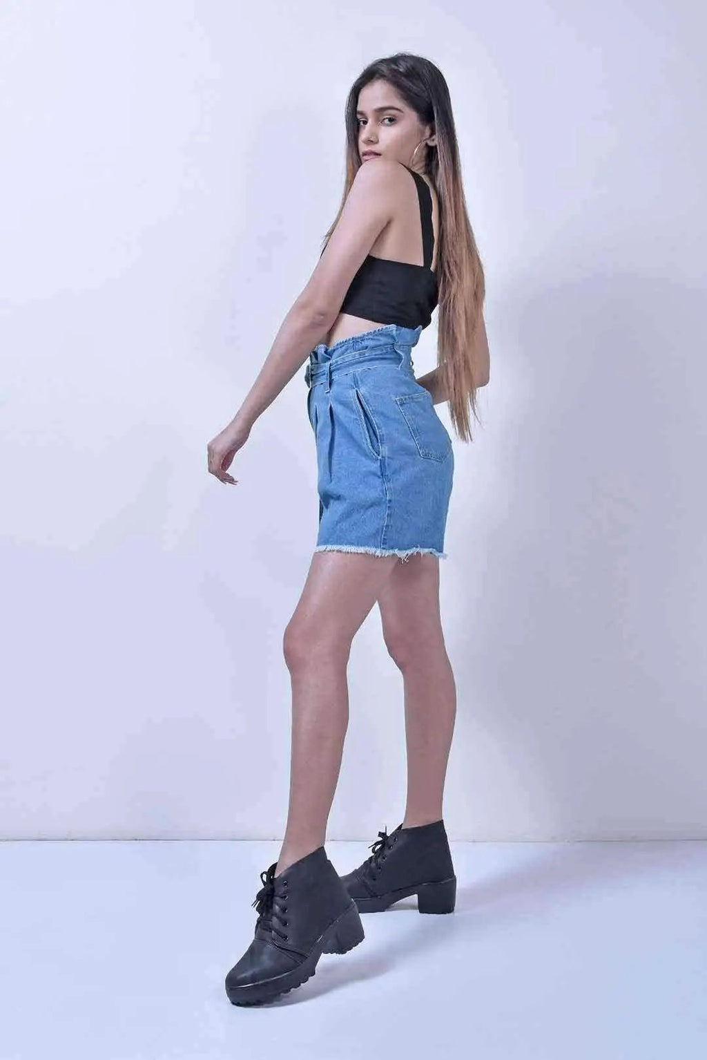 Stm High Waist Paper Bag Denim Pleated Shorts
