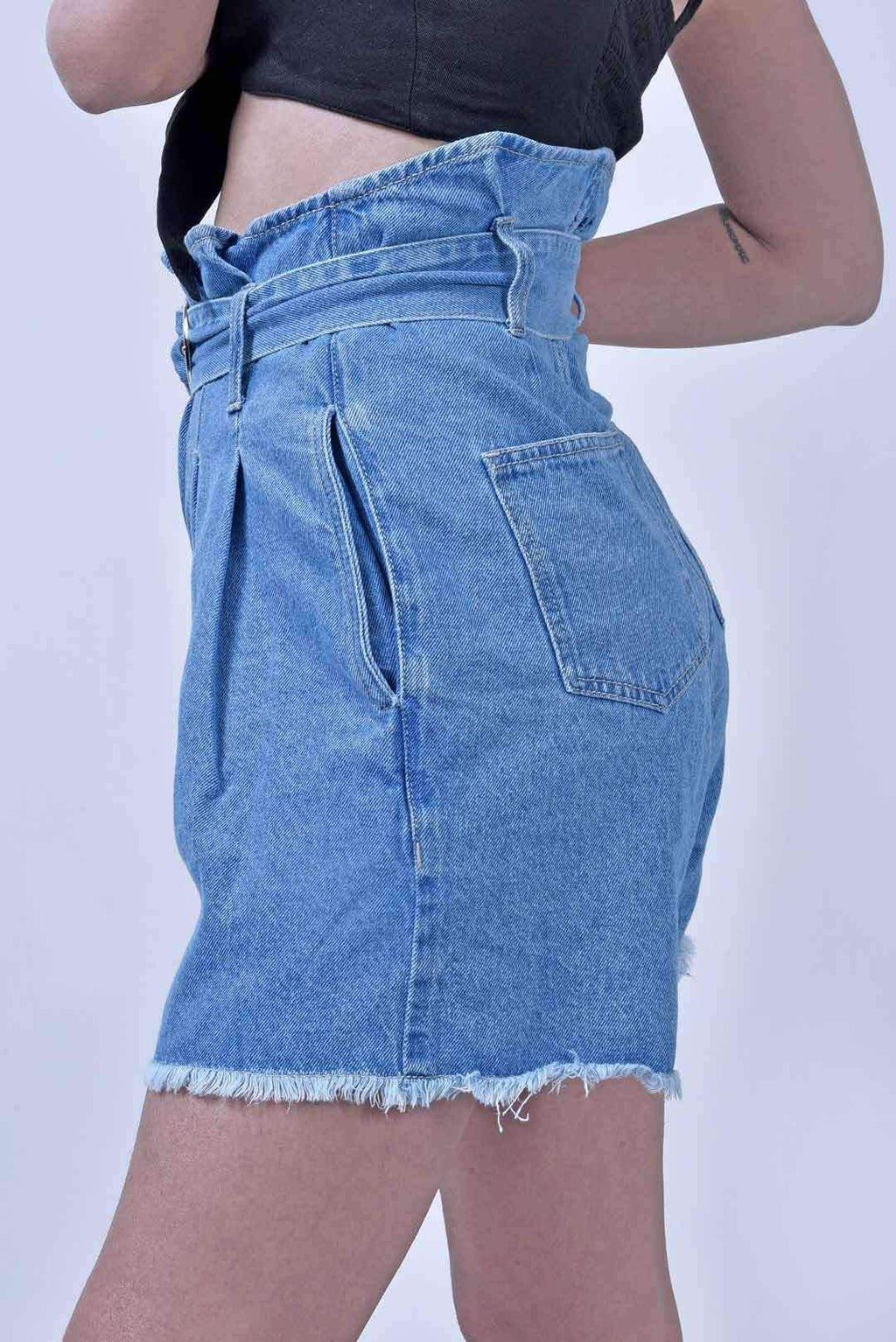 Stm High Waist Paper Bag Denim Pleated Shorts