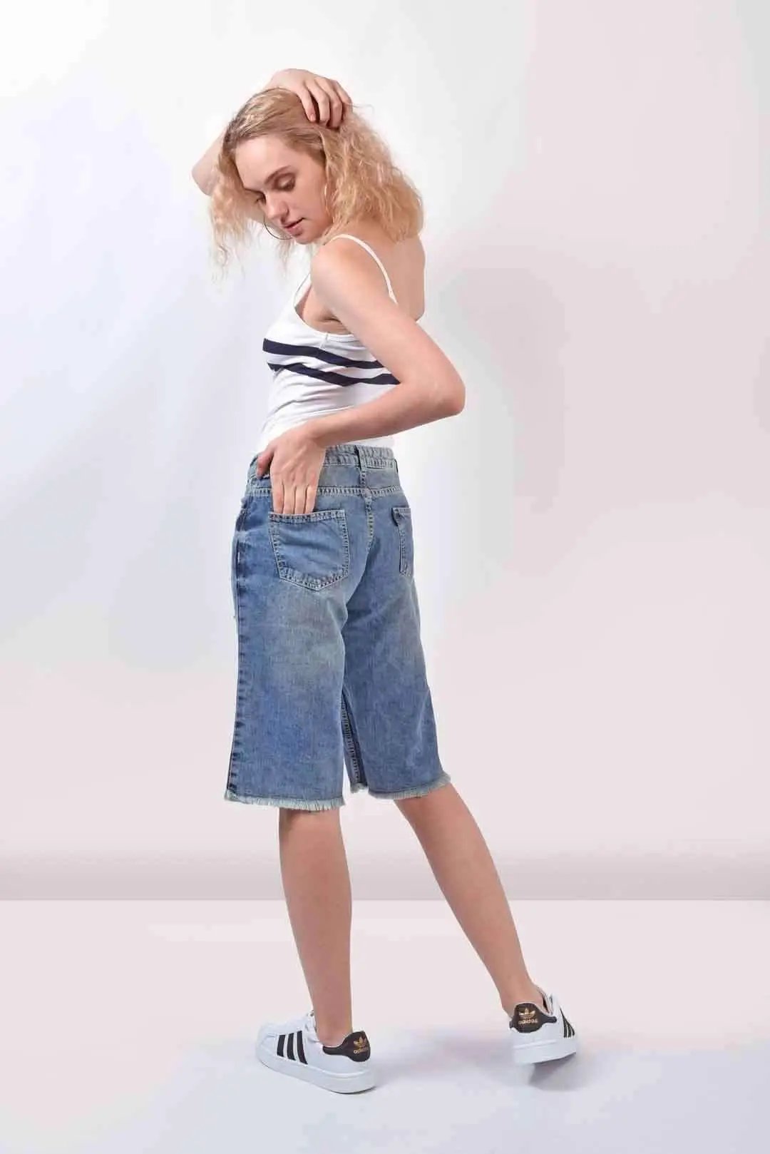 Distressed Denim Long Shorts