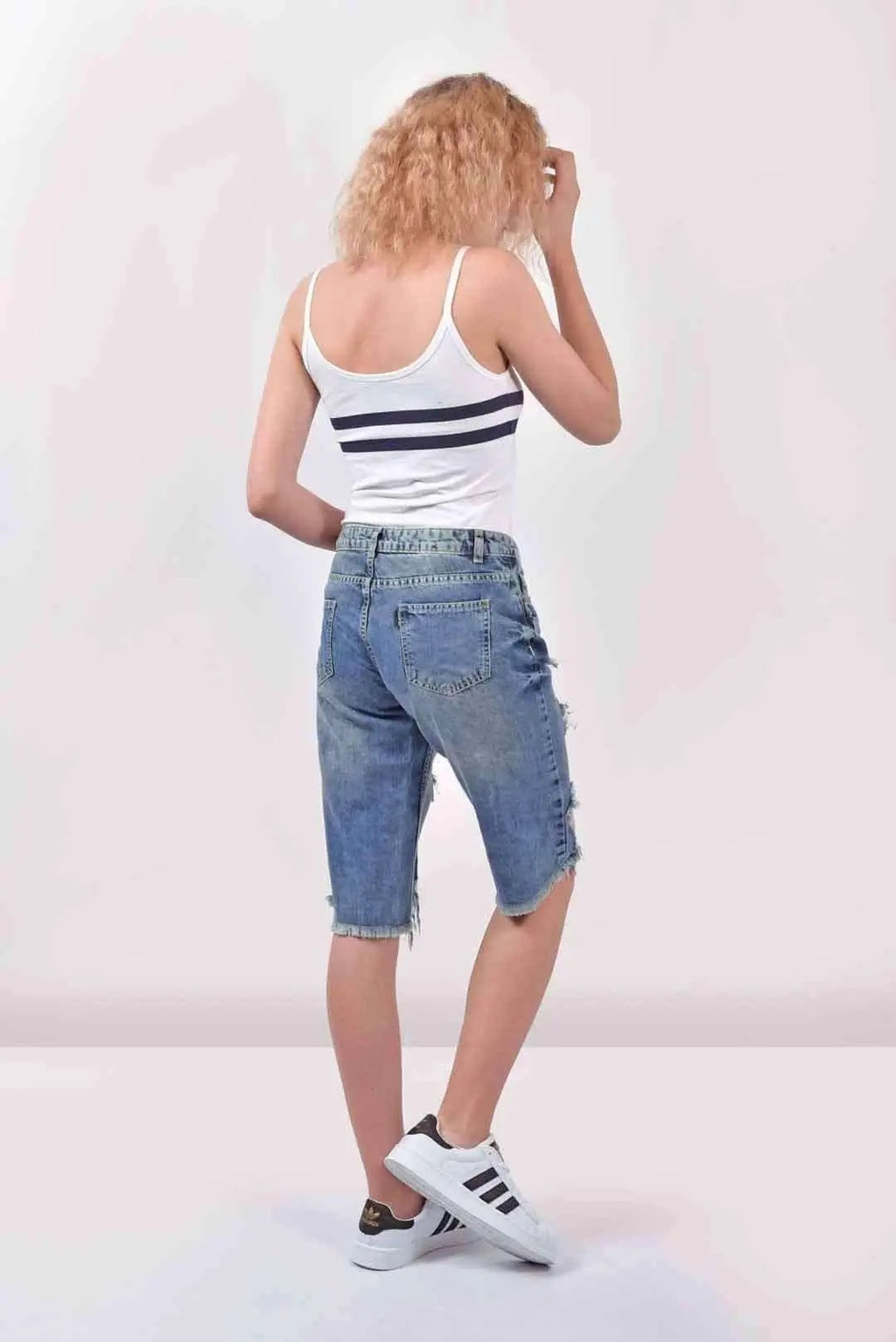 Distressed Denim Long Shorts