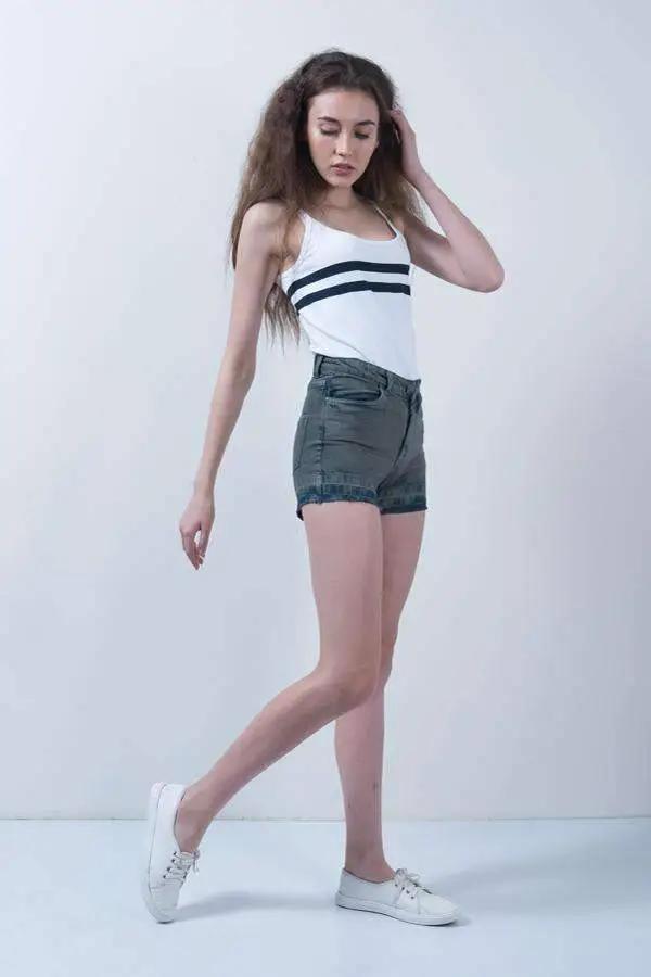 Olive Denim High Waist Button Up Shorts