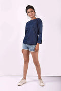 Dark Blue Boat Neck Denim Top
