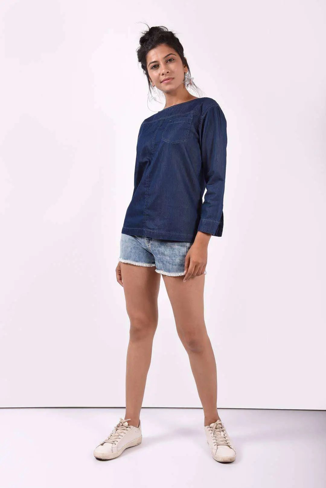 Dark Blue Boat Neck Denim Top