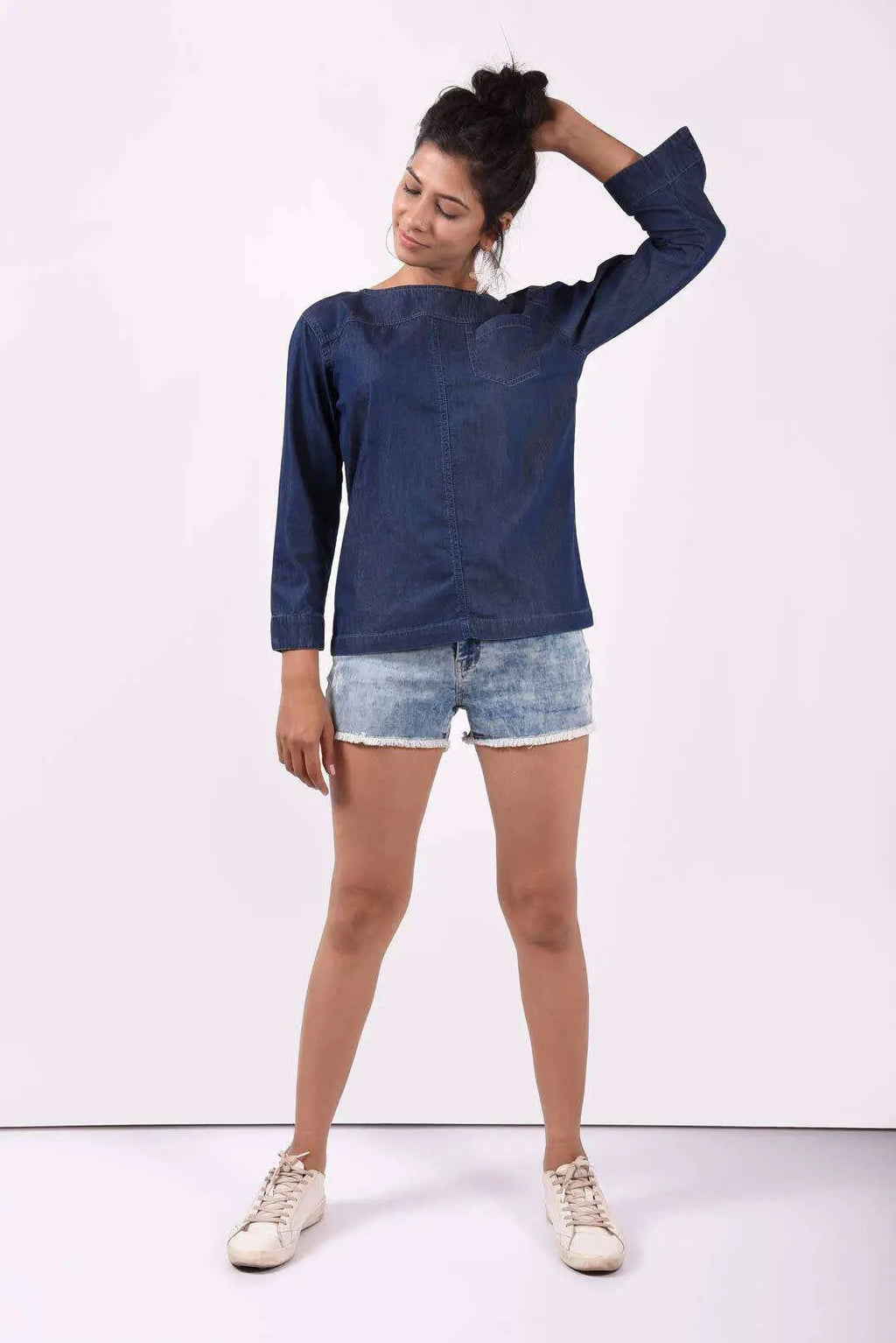Dark Blue Boat Neck Denim Top
