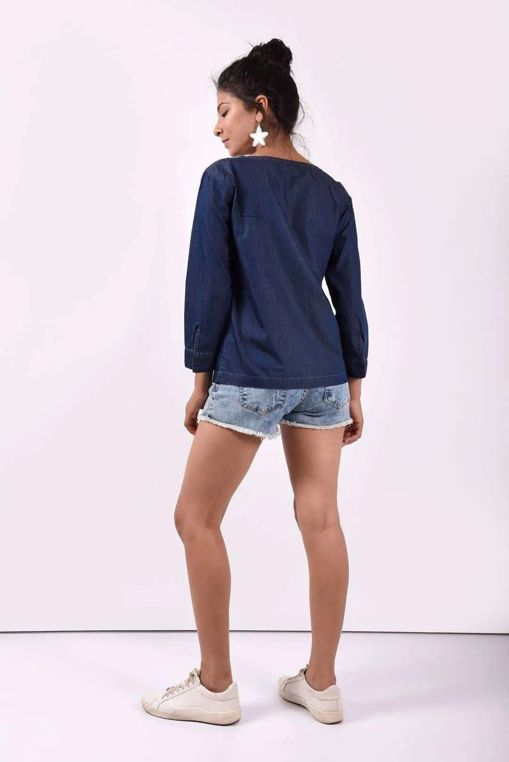 Dark Blue Boat Neck Denim Top