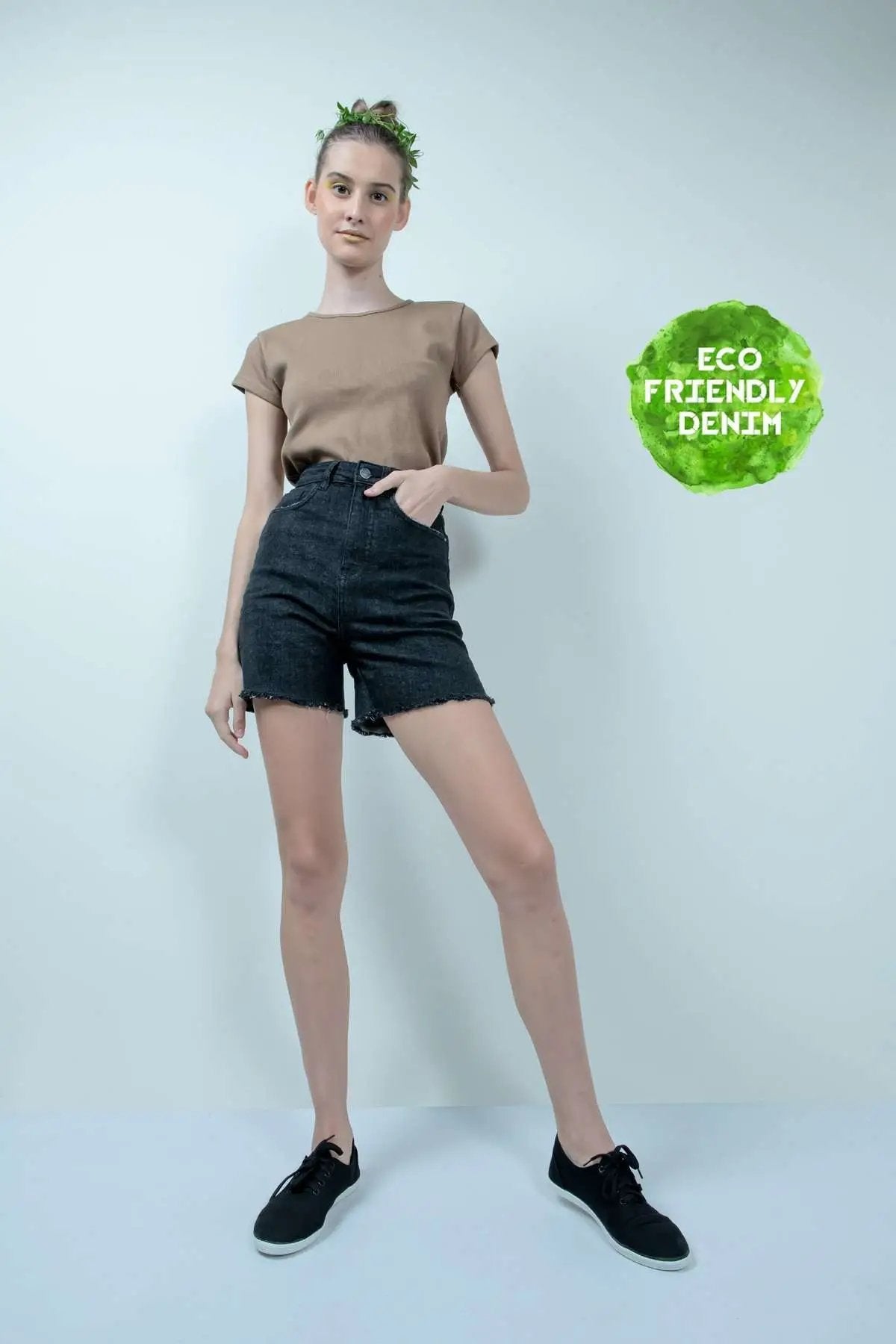 Eco Washed High Wasit Denim Shorts