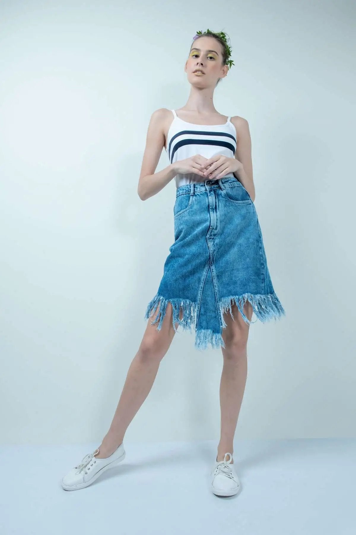 Eco Washed Smokey Blue Denim Skirt With Uneven Hem