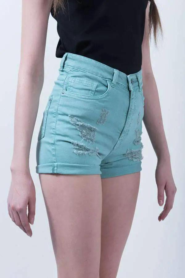 Green Distressed Denim High Waist Denim Shorts