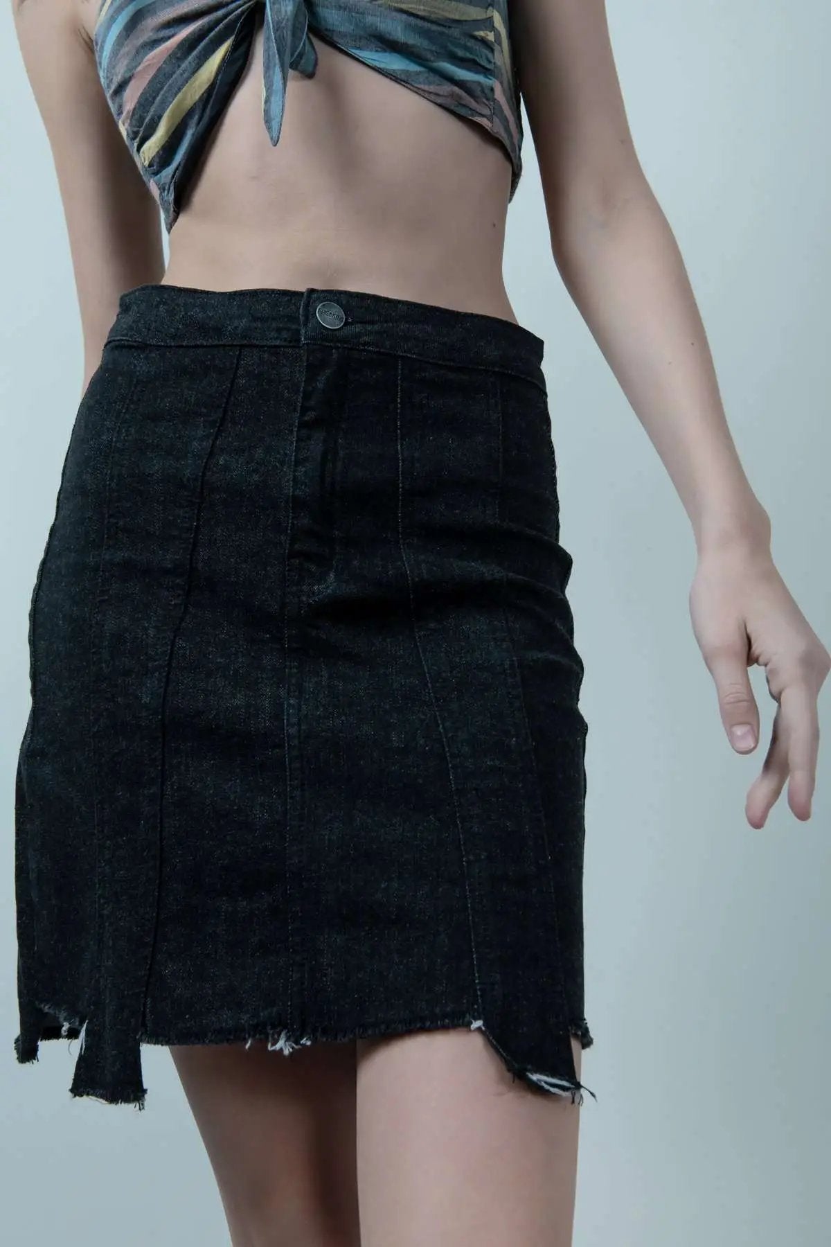 Eco Washed Black Denim Skirt With Uneven Hem