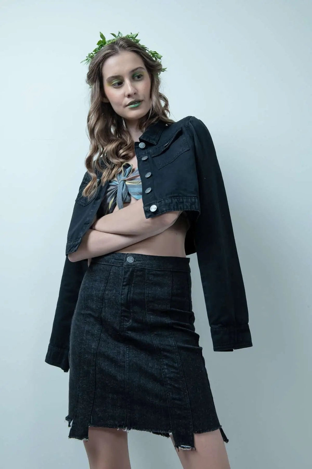 Eco Washed Black Denim Skirt With Uneven Hem