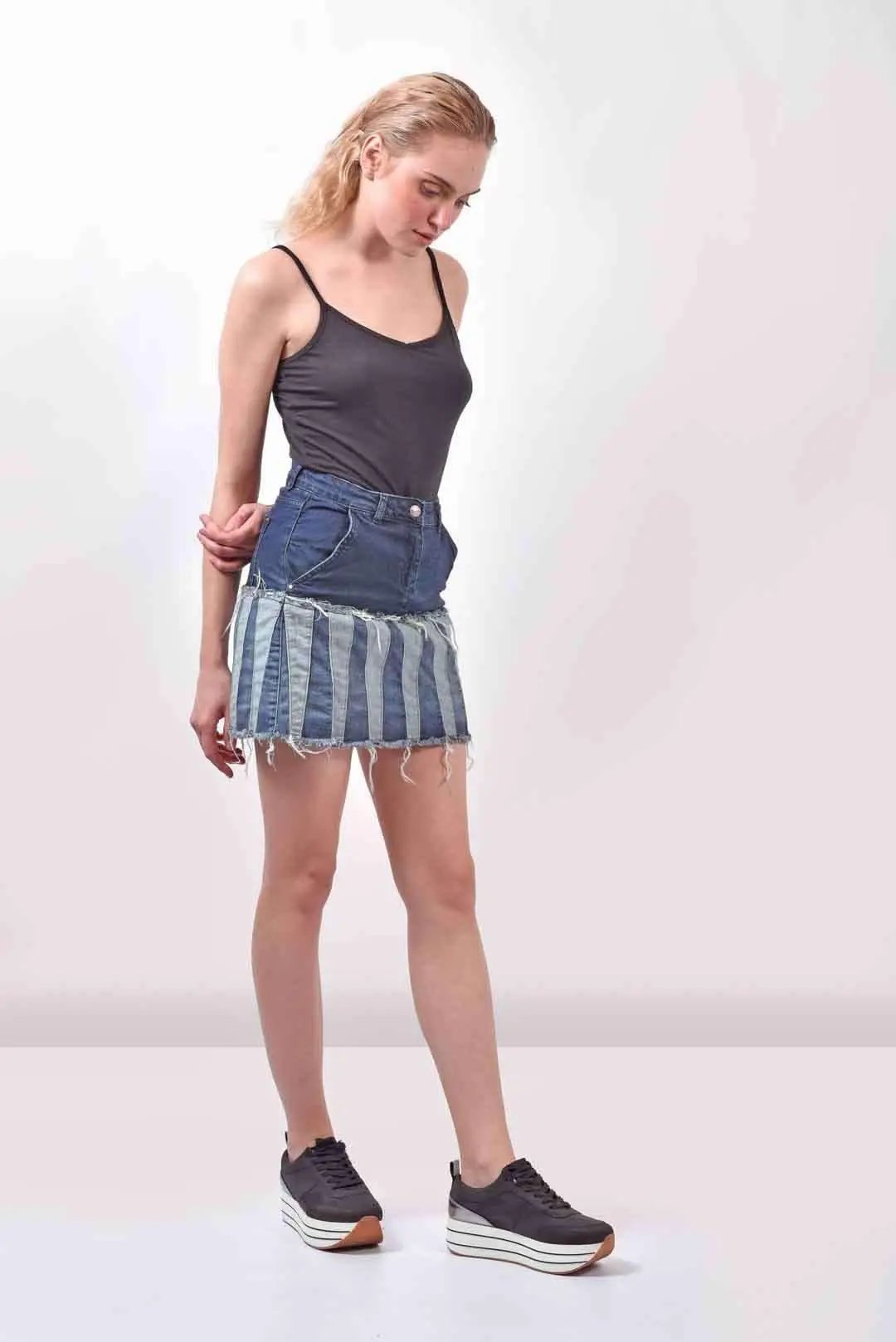 Paneled Denim Dark Blue Skirt