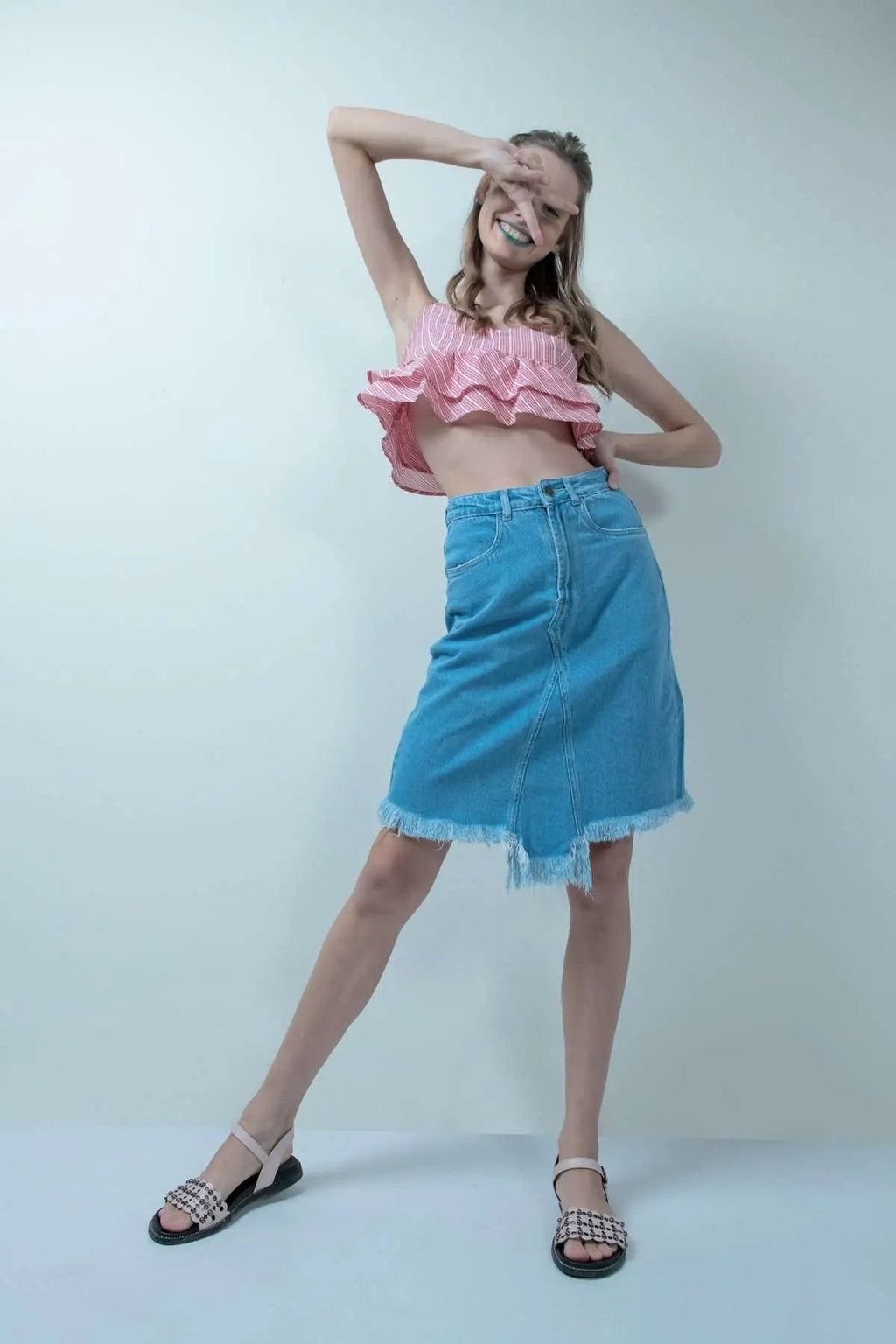 Eco Washed Blue Denim Skirt With Uneven Hem