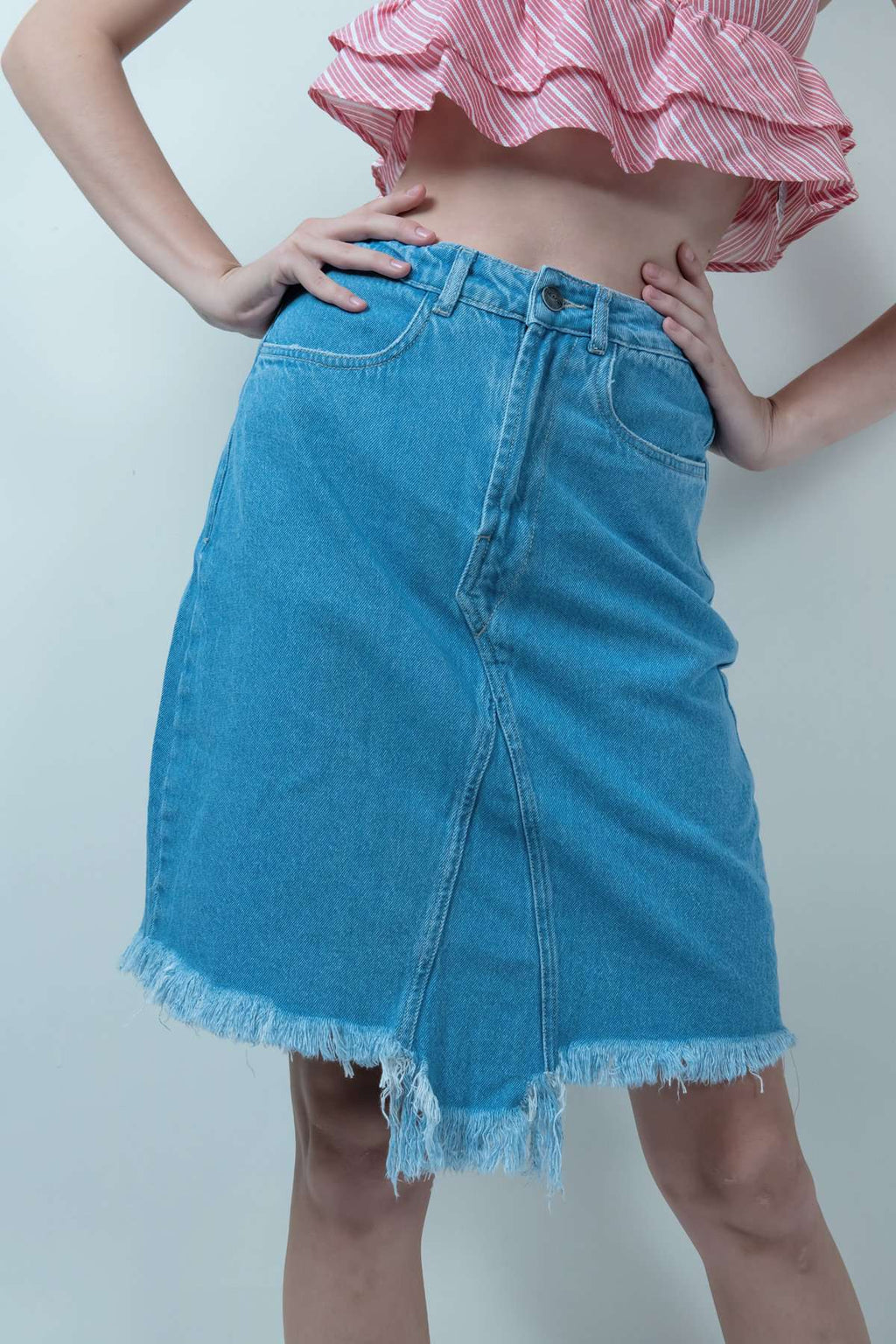 Eco Washed Blue Denim Skirt With Uneven Hem