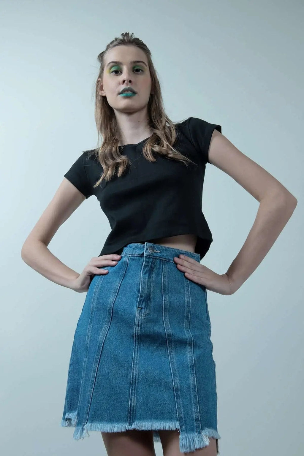 Eco Washed Light Blue Denim Skirt With Uneven Hem