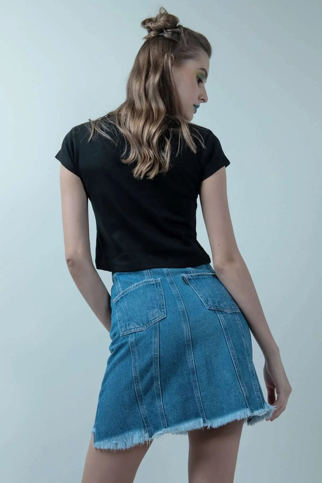 Eco Washed Light Blue Denim Skirt With Uneven Hem
