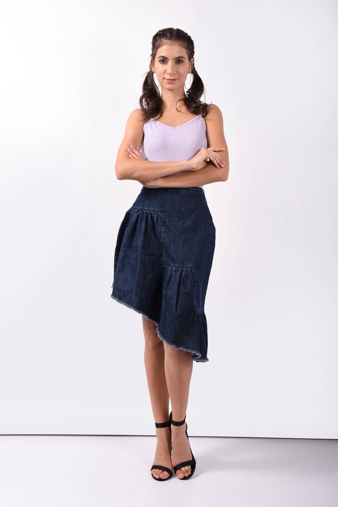 Pleated Asymmetrical Denim Skirt